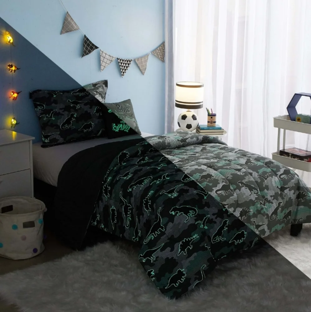 5Pc Dinosaur Glow in the Dark Comforter Set Bedding w/String Lights Blanket Camo
